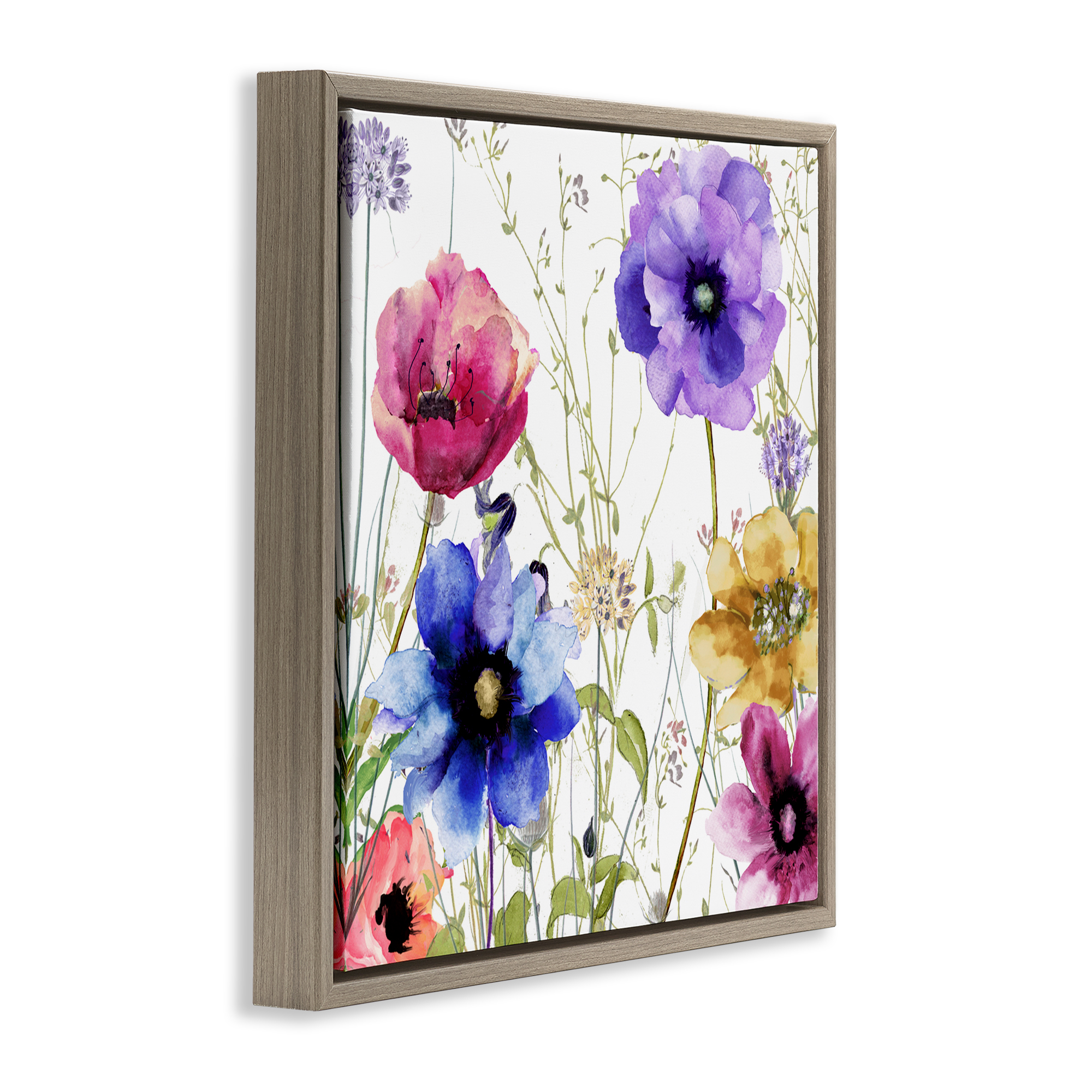Modern Spring Garden Flowers Brown Framed Floater Canvas Wall Art, design by Sasha