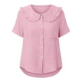 thumbnail image 4 of Htigea Linen Shirts for Women Summer Button Down Blouses Cute Ruffle Collar Short Sleeve Tops Casual Vacation Outfits Pink XXL, 4 of 6