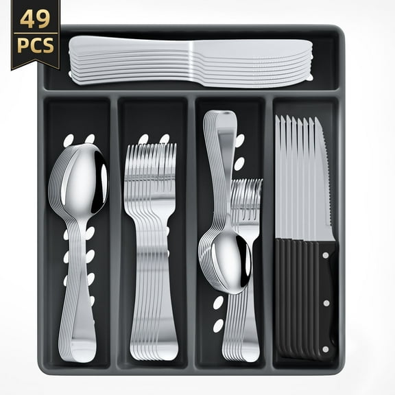 TINANA 48 PCS Silverware Sets with Organizer, Silver Flatware Set Set for 8, Premium Stainless Steel Cutlery Utensil Set with Steak Knives Forks and Spoons, Dishwasher Safe