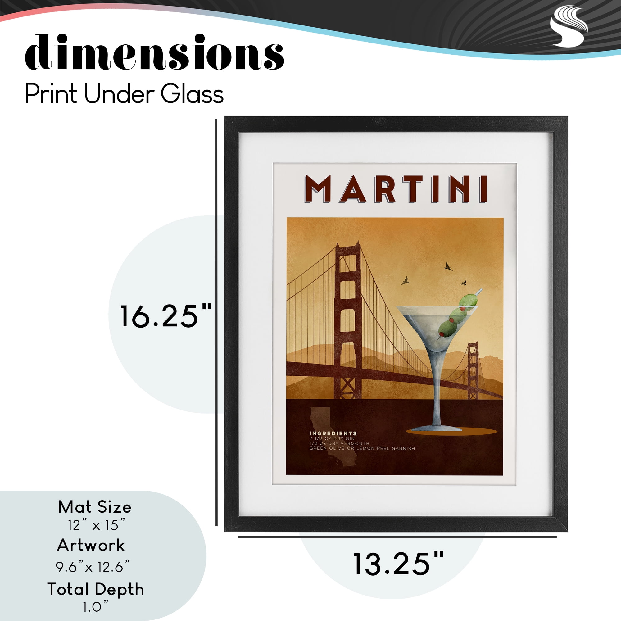 Retro Martini & Bridge View Black Framed Print Under Glass, design by Brett Blumenthal