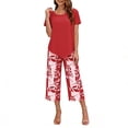 thumbnail image 2 of Snorda Pants Set for Women Short Sleeve Irregular Hem Top High-Waisted Leaf Print Capris Pants Summer Ladies Casual Matching Loungewear Outing Set, 2 of 6