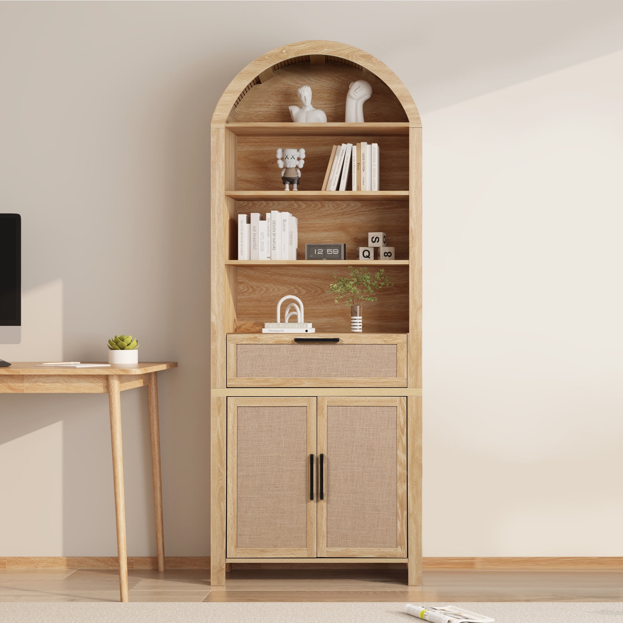 LEFHDA 78" Tall Bookshelf, Arched Bookcase with Drawers, Boho 6-Tier Bookshelf with Storage, Rattan Open Display Storage Shelf Bookshelf for Living Room Bedroom & Classroom(Oak)