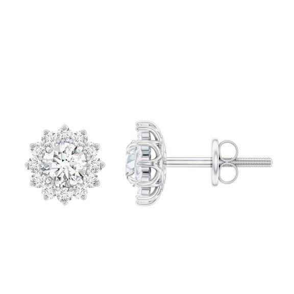 Rosec Jewels Certified Moissanite Flower Stud Earrings with Halo (1 CT, D-VS1 Quality) - with Screw Back - Jewelry Box Included, 925 Sterling Silver
