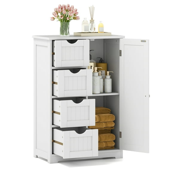 Giantex Bathroom Floor Cabinet Wooden with 1 Door & 4 Drawer, Free Standing Wooden Entryway Cupboard Spacesaver Cabinet, White