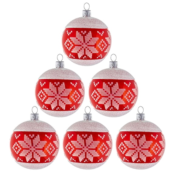 3.15-inch Glass Handpainted Christmas Ornaments Set of 6 Hanging Nordic Pattern White - Red Christmas Tree Ornaments Mini Ornaments for Xmas Decoration Glass Ball Holiday Ornaments