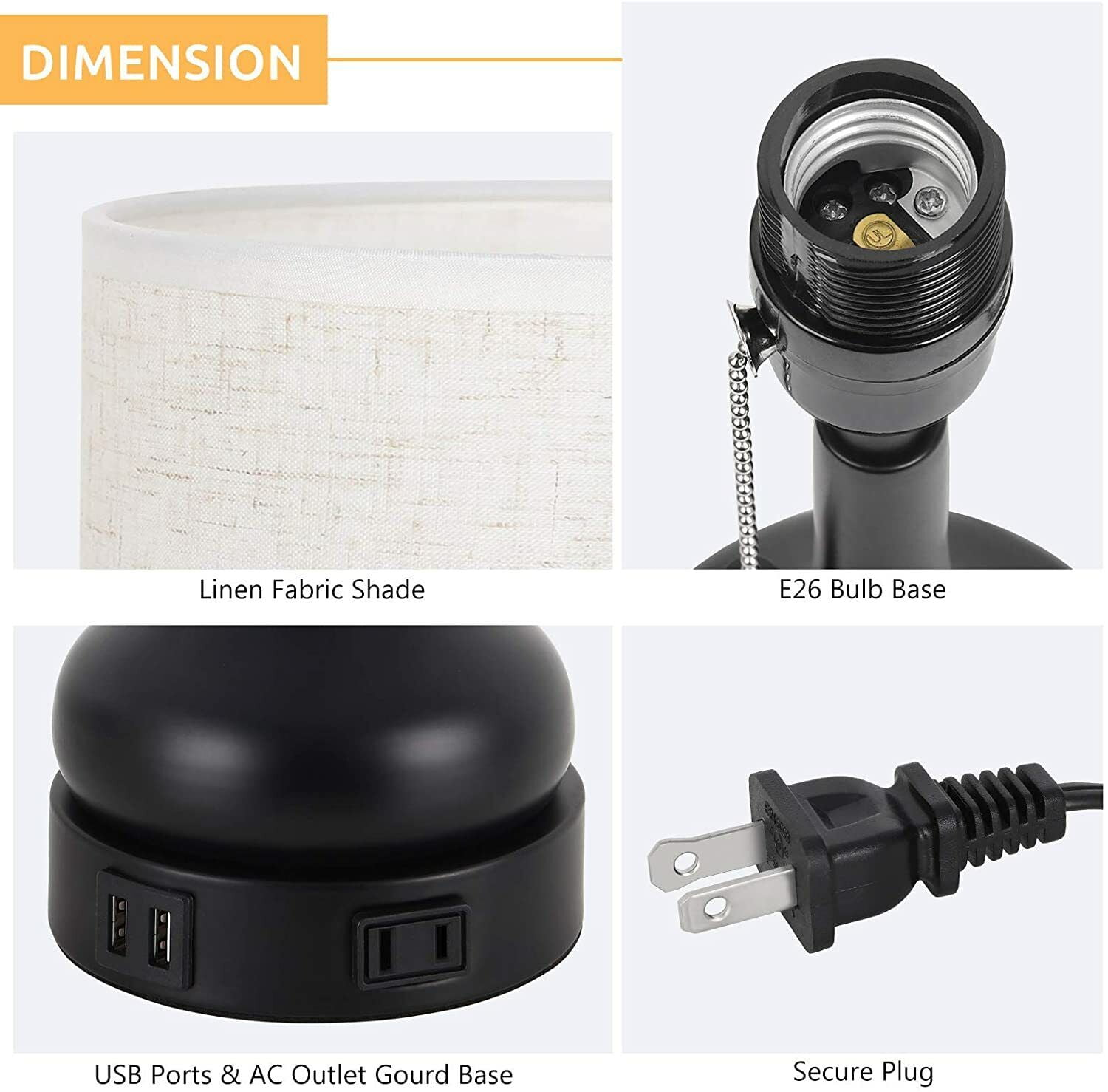 Set of 2 Bedside Lamps with Dual USB & Outlet- USB Lamps with Pull Chain Switch