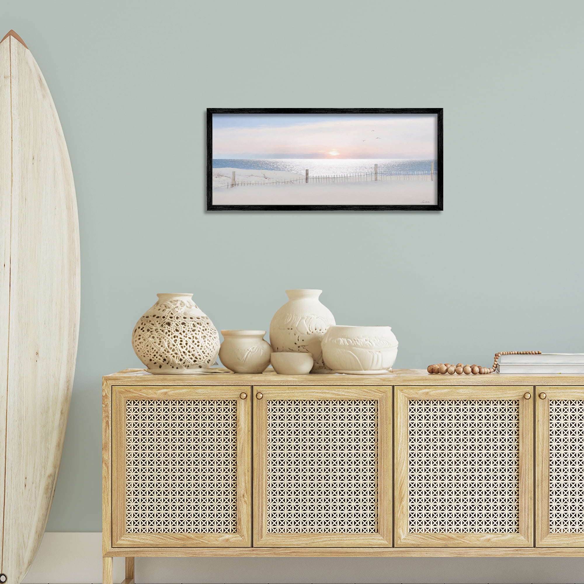Stupell Industries Fence Along Shore Landscape Photography Black Framed Art Print Wall Art, 30 x 13