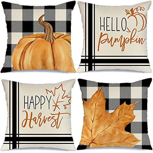 Juego de 4 fundas de almohada para decoración de otoño, 18 x 18, cuadros de búfalo, calabaza, hoja de arce, cojines decorativos para otoño, granja, Acción de Gracias, cojín de otoño para sofá