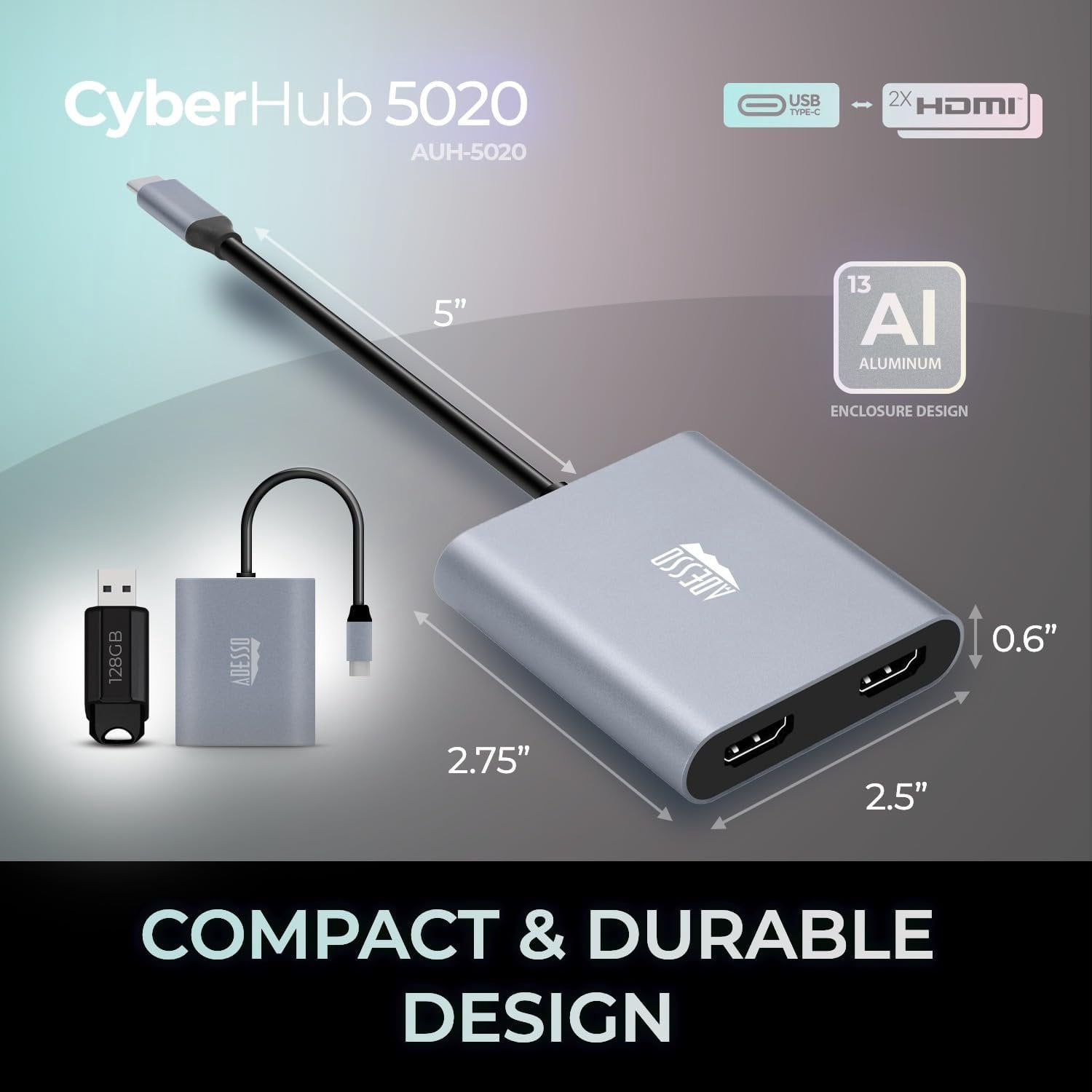 Adesso USB C to Dual HDMI Adapter, Compact and Portable USB C Adapter, Supports 4K60Hz and Dual 2K/1080P60Hz, for MacBook/Lenovo Yoga/Thinkpad, XPS, and More