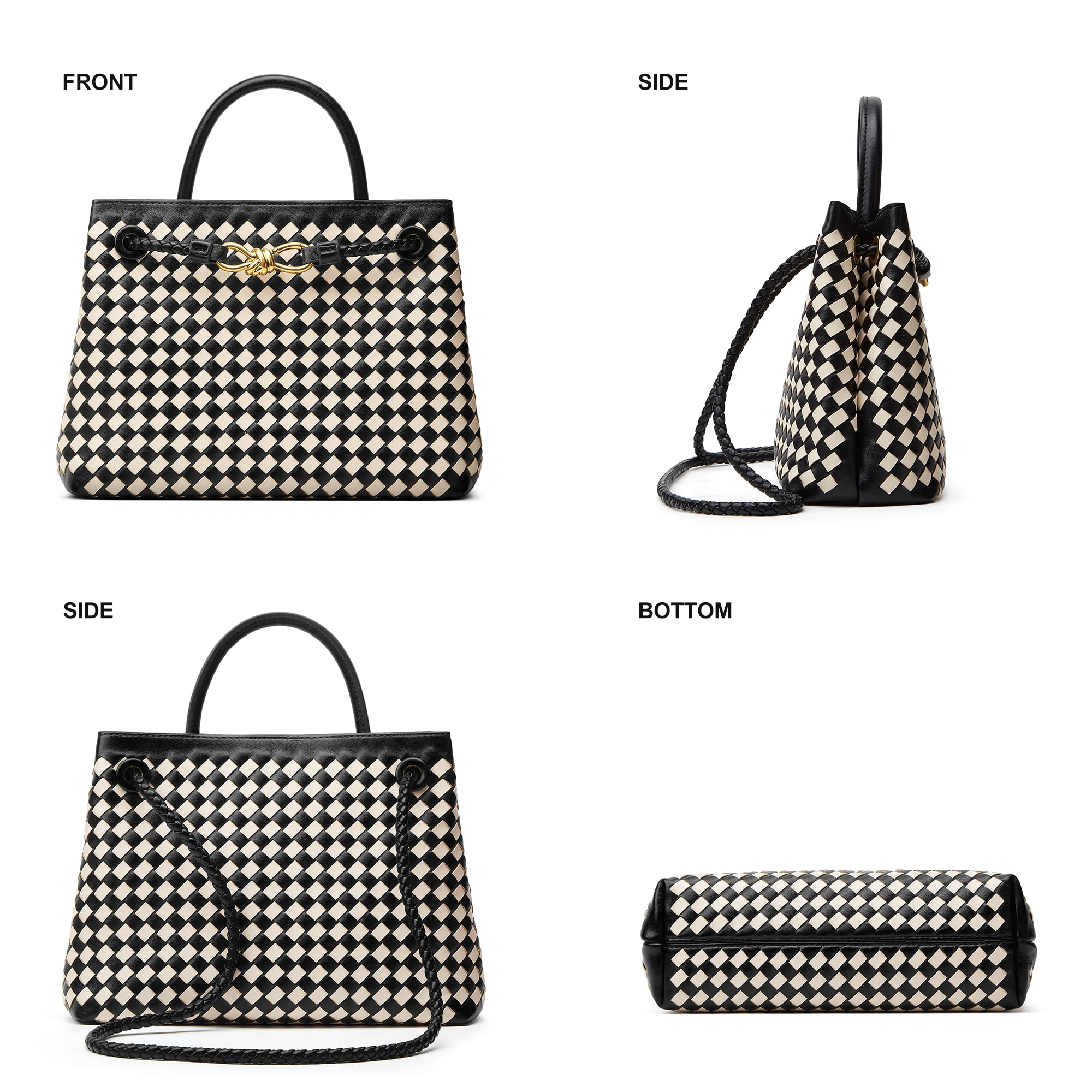 Woven Bags for Women Crossbody Handbag: Vegan Leather Small Tote Purse - Trendy Shoulder Handbags and Purses - Bowknot Satchel Purses (Black+Seashell Color)