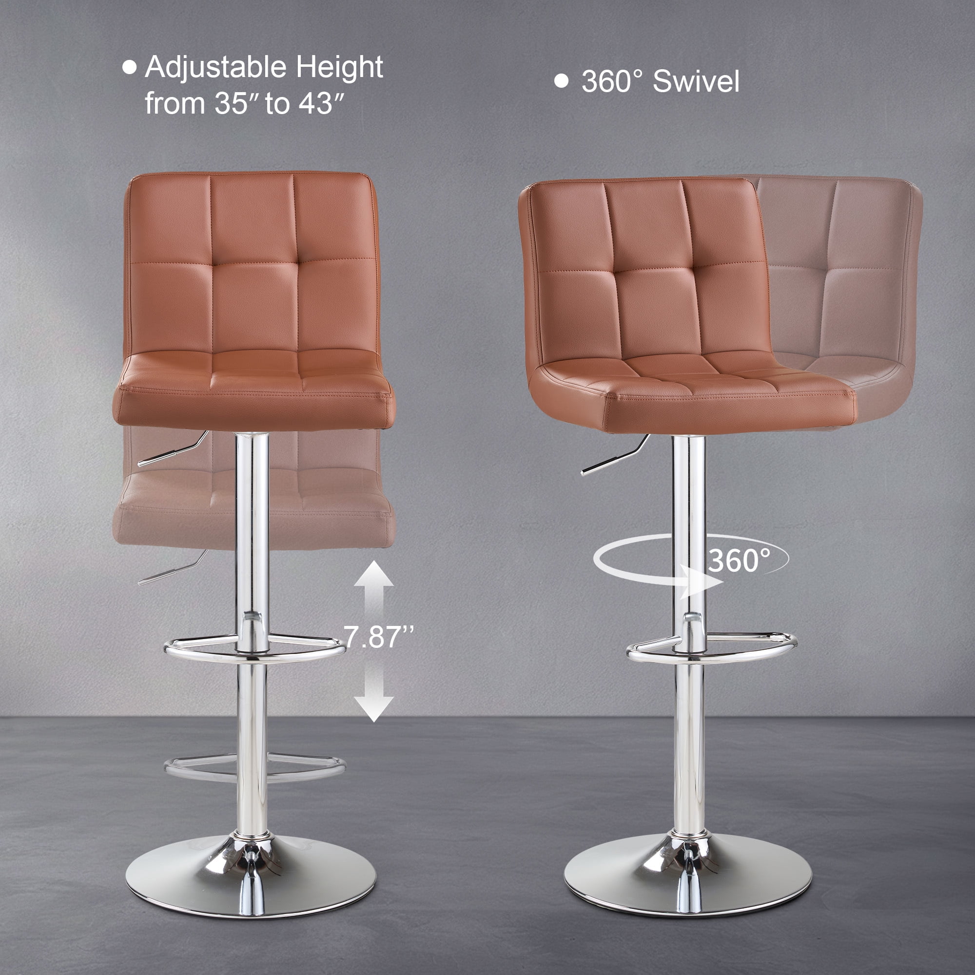 AUNEKIV Bar Stools Set of 2, Thickened Seat Cushion Square Swivel Bar Stools with Back, Adjustable Counter Height Bar Chairs for Kitchen Island, Dining Room, Brown