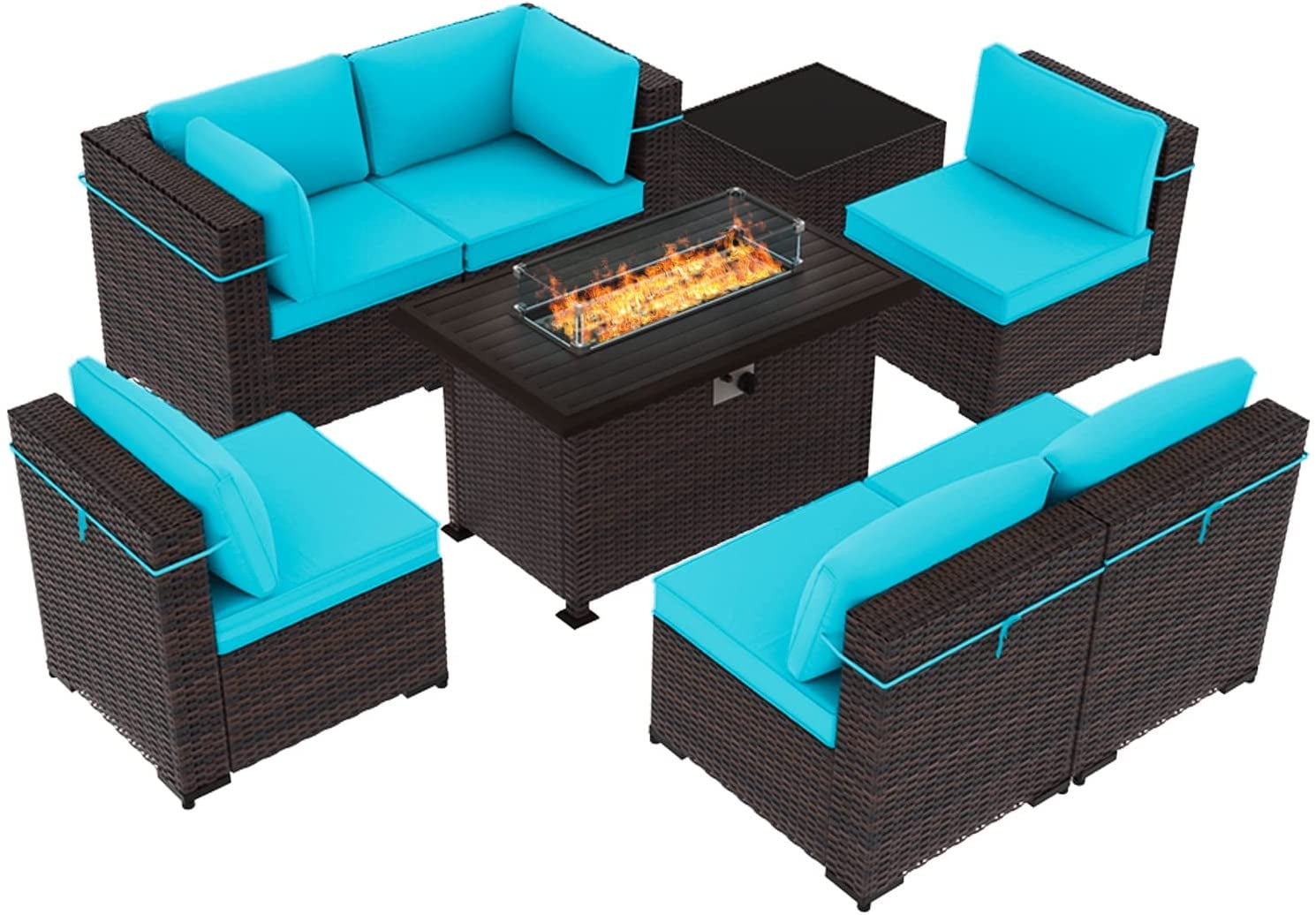 Gotland Outdoor Patio Furniture Set with 43" Propane Fire Pit Table, 8