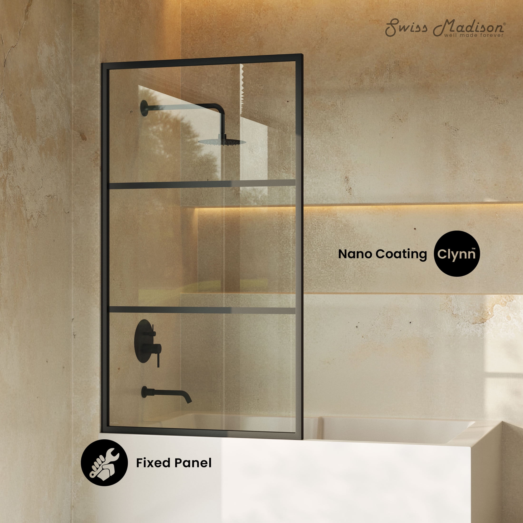 Claire 34 x 58 Framed Fixed 3/8 in. (10mm) Clear Tempered Glass Tub Door with Black Matte Frame