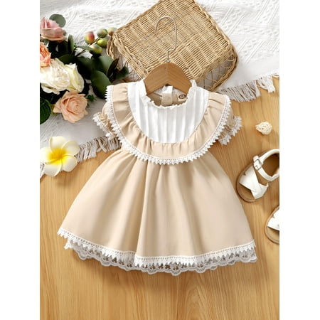

Short Sleeve Baby Contrast Guipure Lace Ruffle Trim Puff Sleeve Dress Skirts S221905X Apricot 74(6-9M)