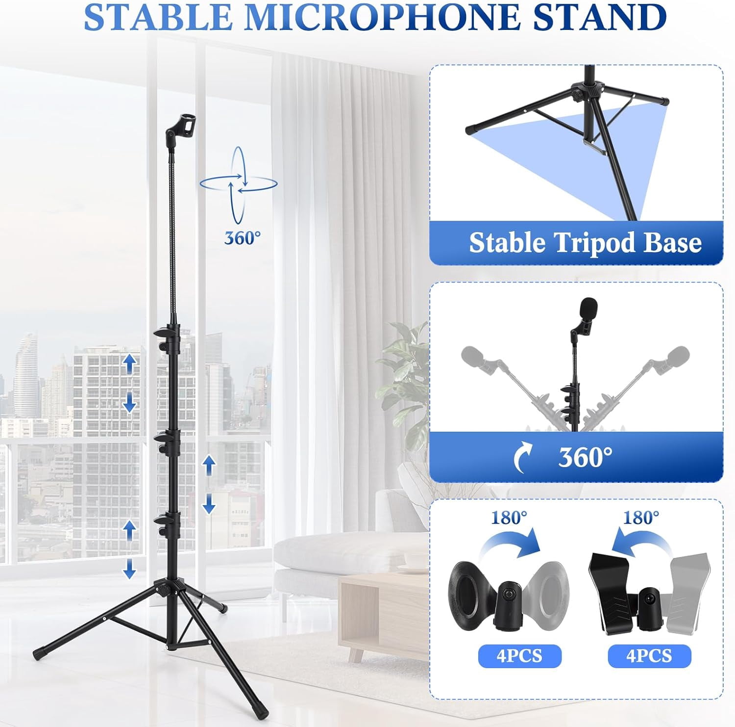 4 Pcs Tripod Microphone Stand  Arm Floor Mic Holder Adjustable 24-67 Inch with Carrying Bag and Clips for Singing Stage Karaoke