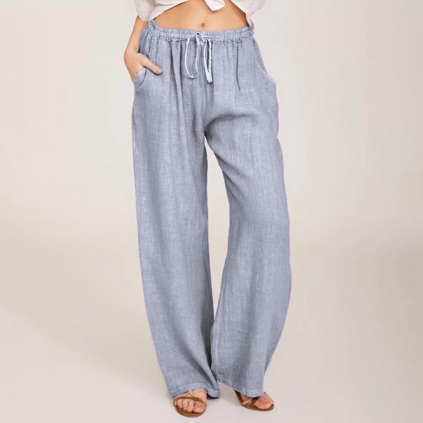 WILLBEST Pantalones Casuales de Mujer, Pantalones Anchos, Cintura Larga, Cordón Ajustable, Lino, Elásticos, Pierna Lisa, Cómodos para Uso Diario. XXXL