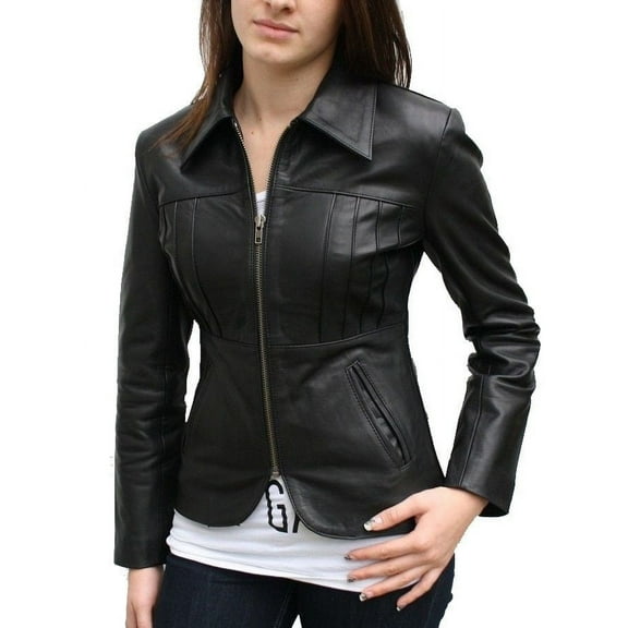 Noora Women's lambskin black fitted leather jacket with winged collar ST0244