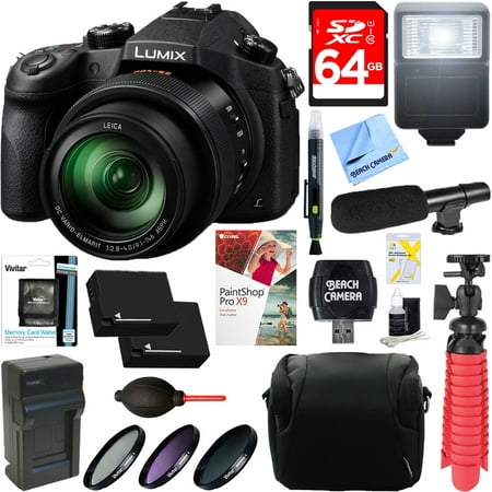 Panasonic LUMIX FZ1000 4K QFHD/HD 20.1MP 16X Long Zoom Black Digital Camera + 64GB Dual Battery Accessory (Best Spy Camera With Long Battery Life)