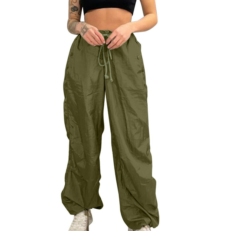 JDEFEG Womens Pants Womens Baggy Cargo Pants Streetwear Hop Sweatpants  Drawstring Casual Loose Wide Leg Trousers Comfortable Office Pants Women  Polyester,Spandex Army Green M 