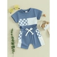 thumbnail image 4 of Musuos Toddler Boys Summer 2 Piece Outfits 12 18 24M 3 4T Plaid Patchwork Short Sleeve T-Shirt and Elastic Shorts, 4 of 10