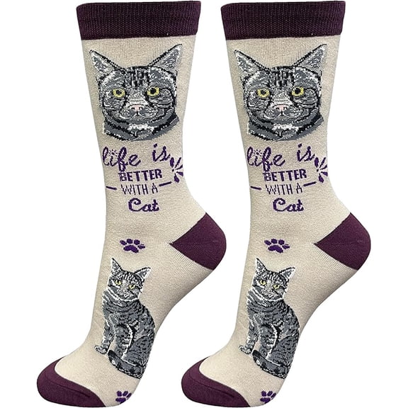 E&S Pets Pet Lover Socks, Life is Better with a Silver Grey Tabby Cat
