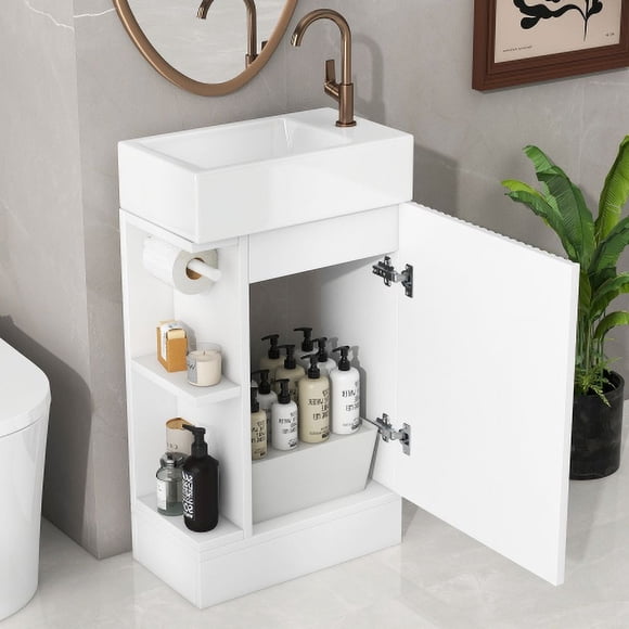 white 18.6" Bathroom Vanity with Drop-In Sink ,Modern Freestanding MDF Ceramic Vanity Unit with Side Shelf & Paper Holder