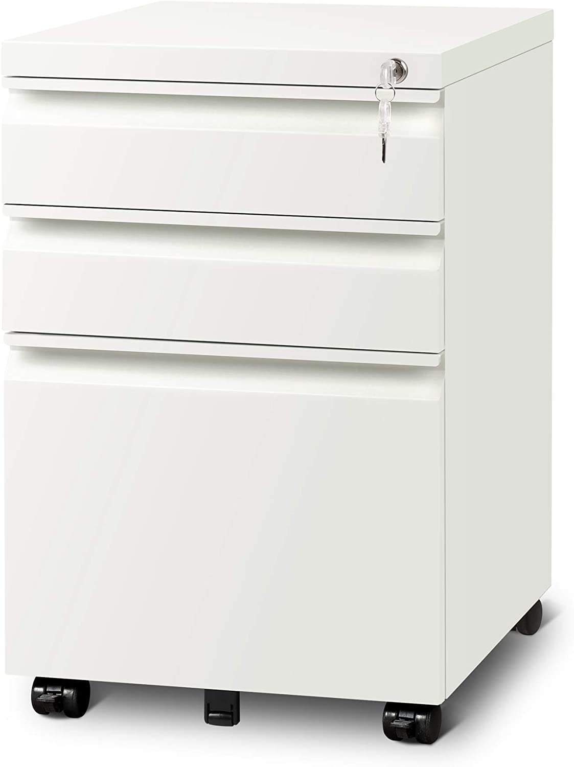 YSKWA 3-Drawer Mobile File Cabinet with Keys Fully Assembled Except Casters White with Curved Handle 