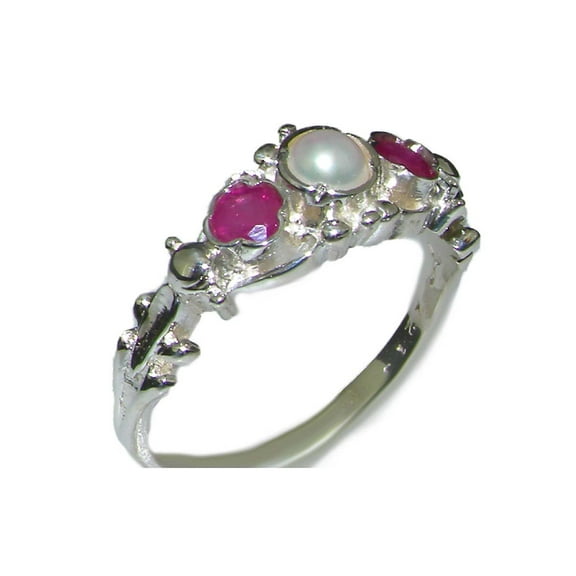 LBG British Made 925 Sterling Silver Cultured Pearl & Ruby Womens Trilogy Ring - 33 size options - Sizes 4 to 12 Available