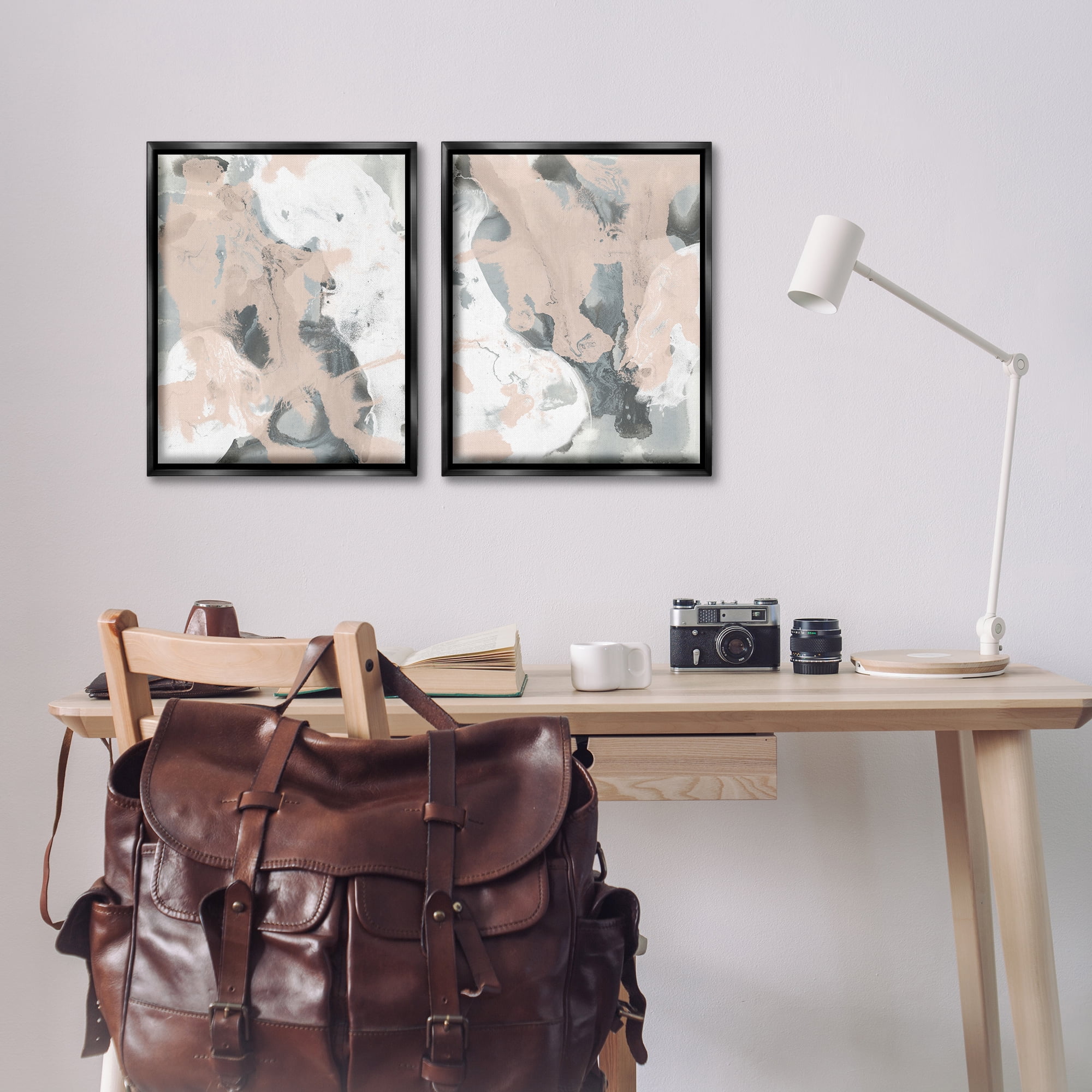Stupell Industries Beige & Gray Splashes Abstract Painting Black Floater Framed Canvas Art Print Wall Art, 17 x 21, Set of 2