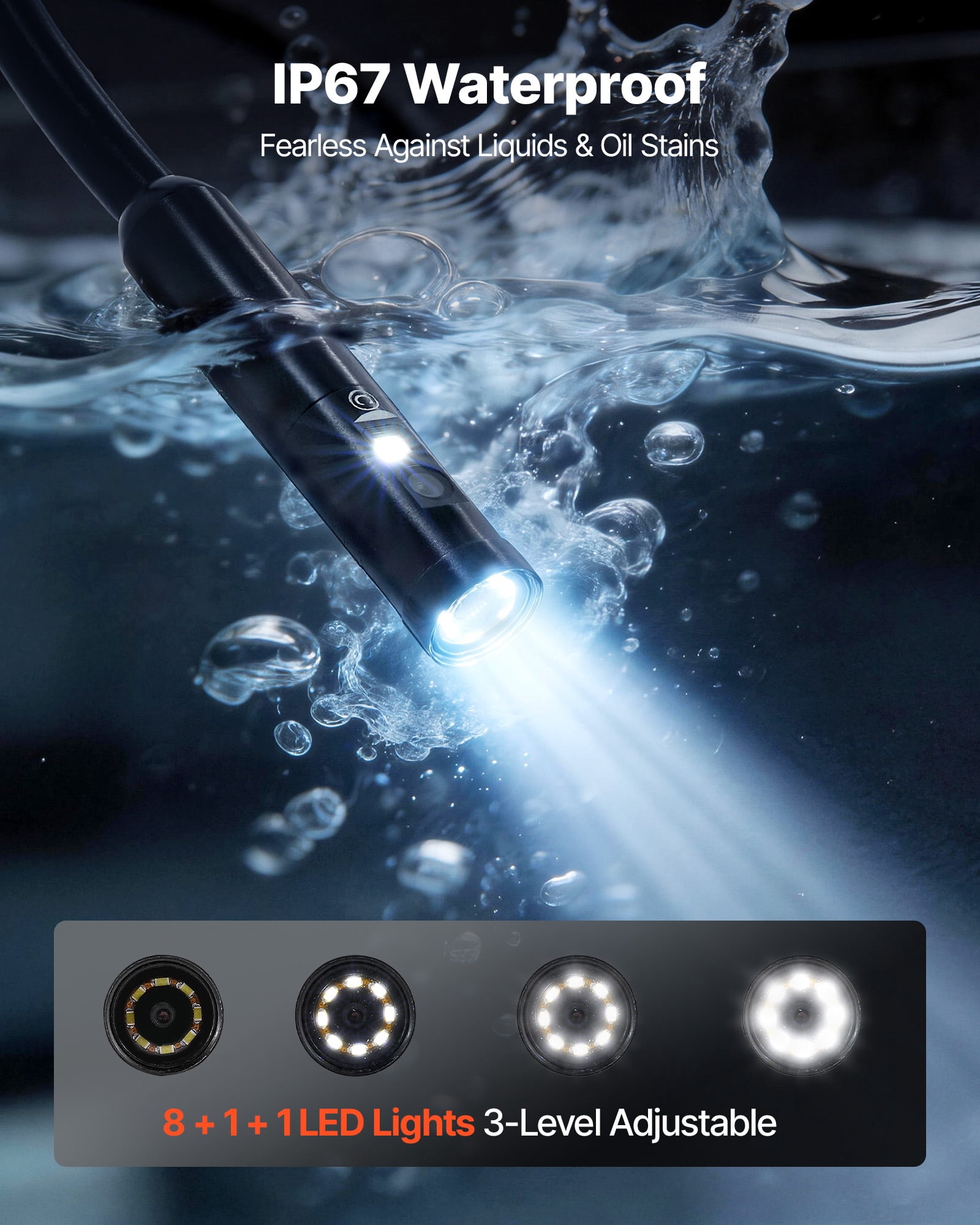 VEVOR Triple Lens Endoscope with Light, 5" HD IPS Screen Industrial Borescope, 1280 x 720 Lens, 8 + 2 LEDs, 8X Zoom, IP67 Waterproof Inspection Snake Camera for Auto, Plumbing (16.4FT Rigid Cable)