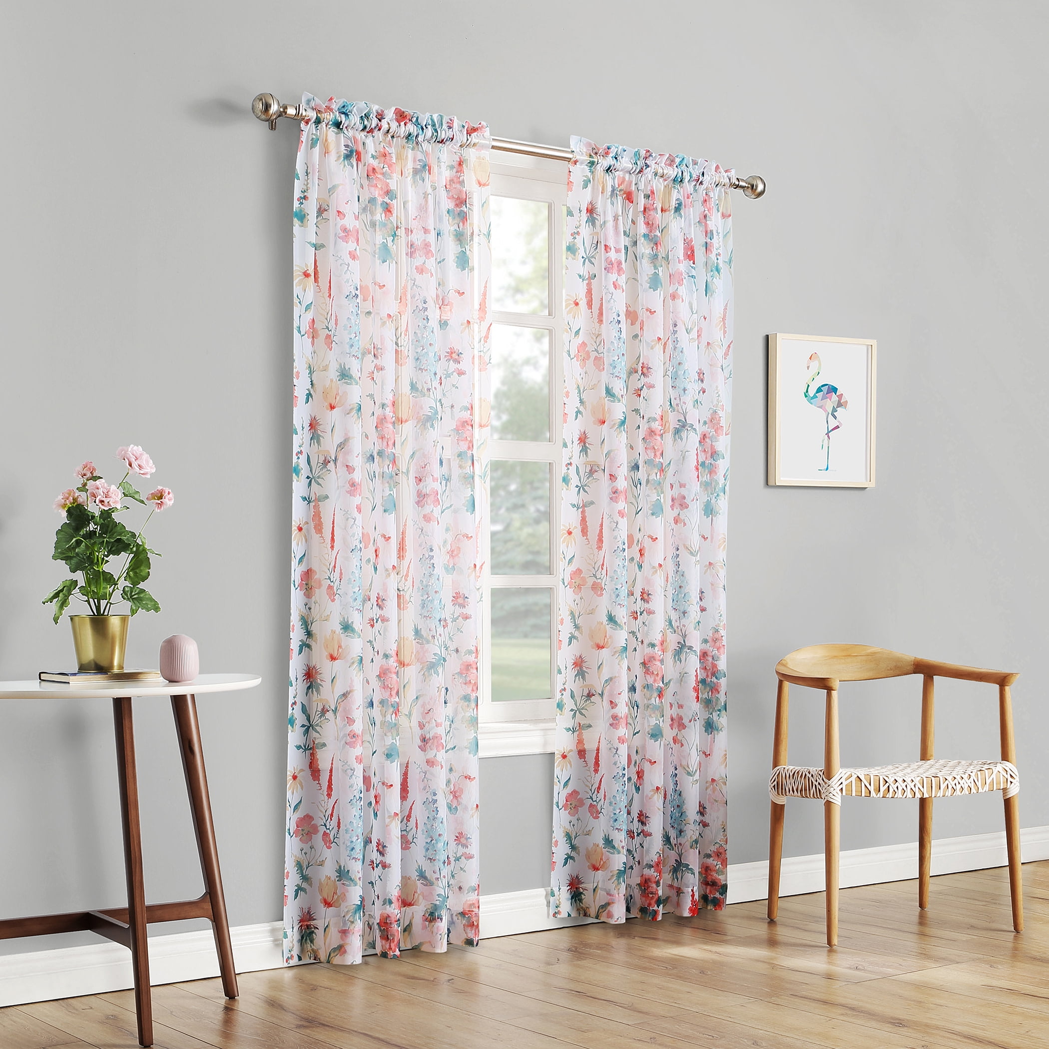Mainstays Marjorie Sheer Voile Rod Pocket Single Curtain Panel, 1 Panel, White Floral, 58"W x 84"L