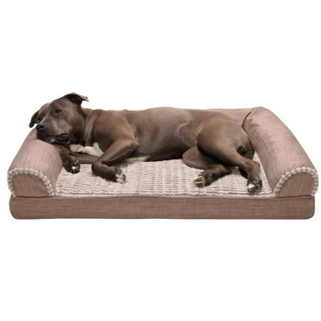 UPC: 0842229126310 | FurHaven Pet Products Luxe Fur & Performance Linen Orthopedic Sofa-Style Pet Bed for Dogs & Cats – Woodsmoke Large
