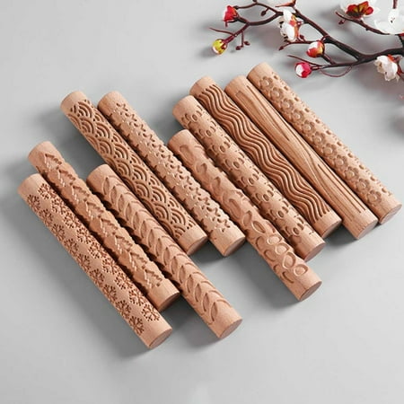 

Hexiuwan Rolling Pin Food Grade Sturdy Construction Wood Multifunctional Labor-saving Embossed Pastry Roller for Home