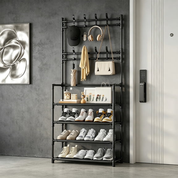 Shoe Rack 4 Tier Shoe Organizer Storage,Shoes Rack for Closet Entrance Shoe Rack Organizer with Hooks and Side Pocket Entryway Shoe Holder Space Saving Free Standing Shoe Racks