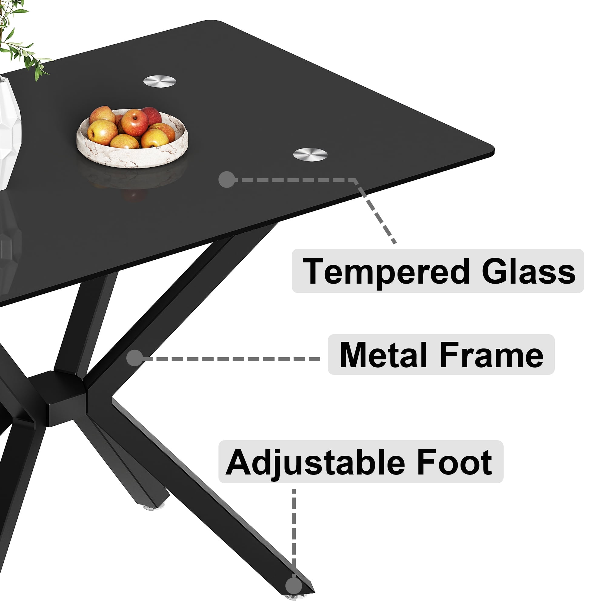 Miniyam 47" Modern Glass Dining Table for 4, Rectangular Tempered Glass Top with Metal Legs, Black