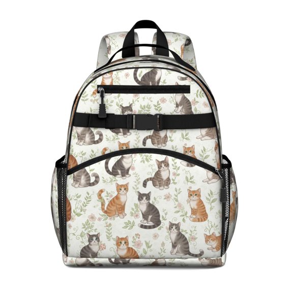 Multicolor Cat and Flower White Pattern Cute School Backpack Bag for School with Padded Back and Adjustable Shoulder Straps 15.25"x11.5"x5.25"