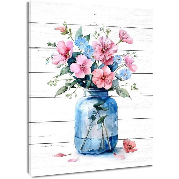 Farmhouse Blue Floral Wall Art Flower and Butterfly in Vase on Rustic Wood Canvas Wall Art Country Wildflower Pictures for Living Room Bedroom Bathroom Office Wall Decor