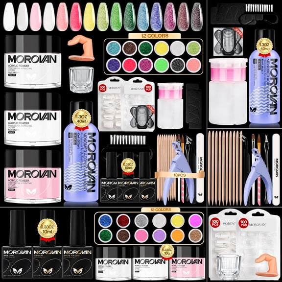 MOROVAN Super Value Nail Art Set; Gel Primer Kit;PINK CLEAR WHITE acrylic powder combination, one bottle of 40ML Nail Liquid a tool kit with nail clippers,and12color glitter powder