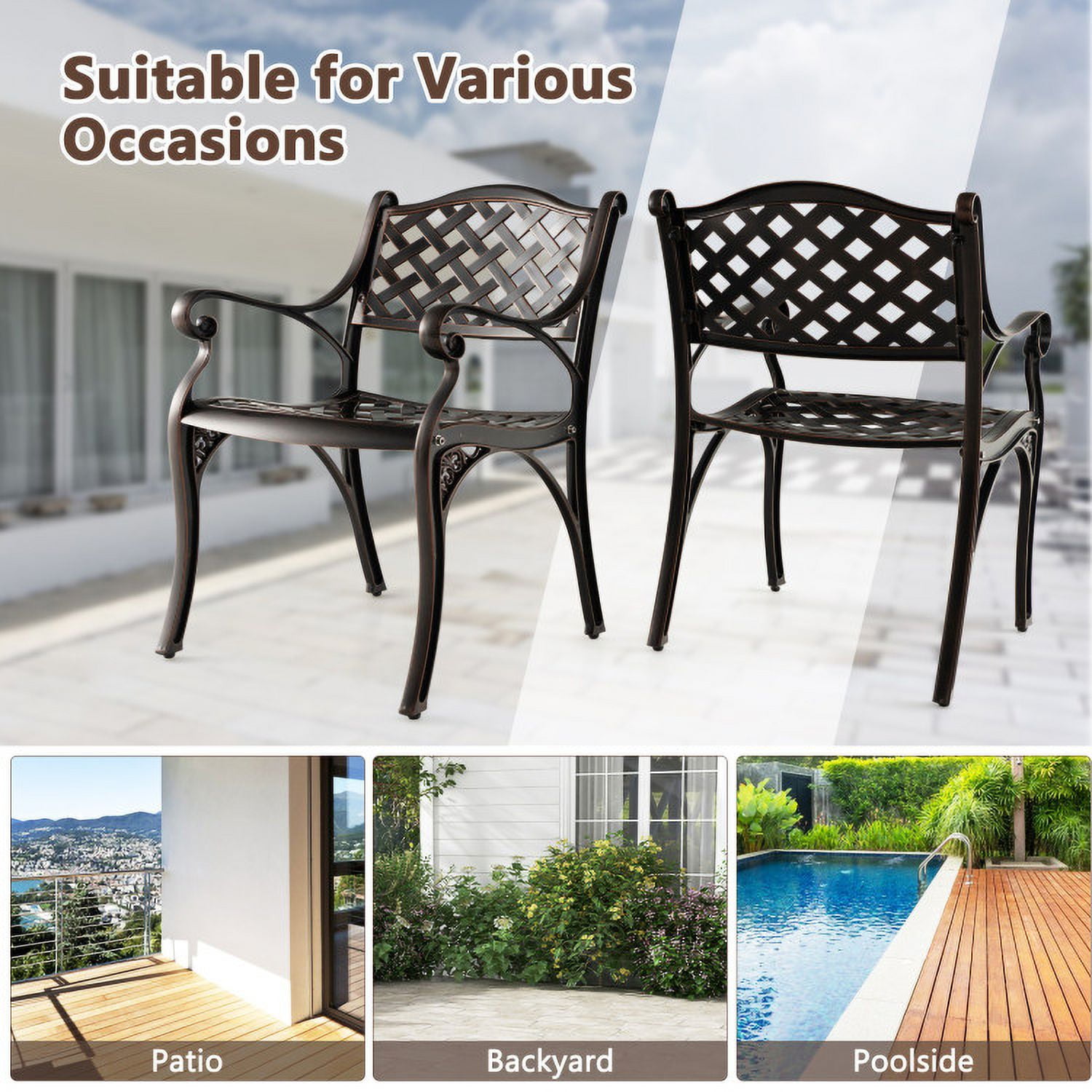 Aimee Lii Cast Aluminum Dining Chairs Set of 2 with Patio Chairs Armrests Flower Pattern, Outdoor Patio Set, Bronze Aimee Lii Cast Aluminum Dining Chairs Set of 2 with Patio Chairs Armrests Flower Pattern, Outdoor Patio Set, Bronze