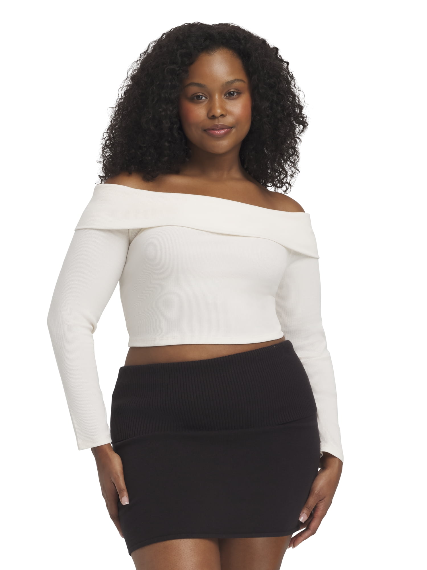 Mills by Millie Bobby Brown Women's Ribbed Off the Shoulder Long Sleeve Sweater, Sizes XXS-XXL