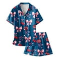 thumbnail image 4 of Pajamas for Girls Classic Satin Pajama Set for Kids Baby Girls Bow Print Short Sleeve Top with Elastic Waist Shorts Causal Soft Loungwear Toddler Pajamas Dark Blue 12 Years-13 Years, 4 of 4