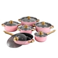 thumbnail image 1 of Juego de 6 piezas de utensilios de cocina antiadherentes de acero inoxidable: ollas y sartenes con tapas de vidrio y cacerola. Rosa, 1 of 9
