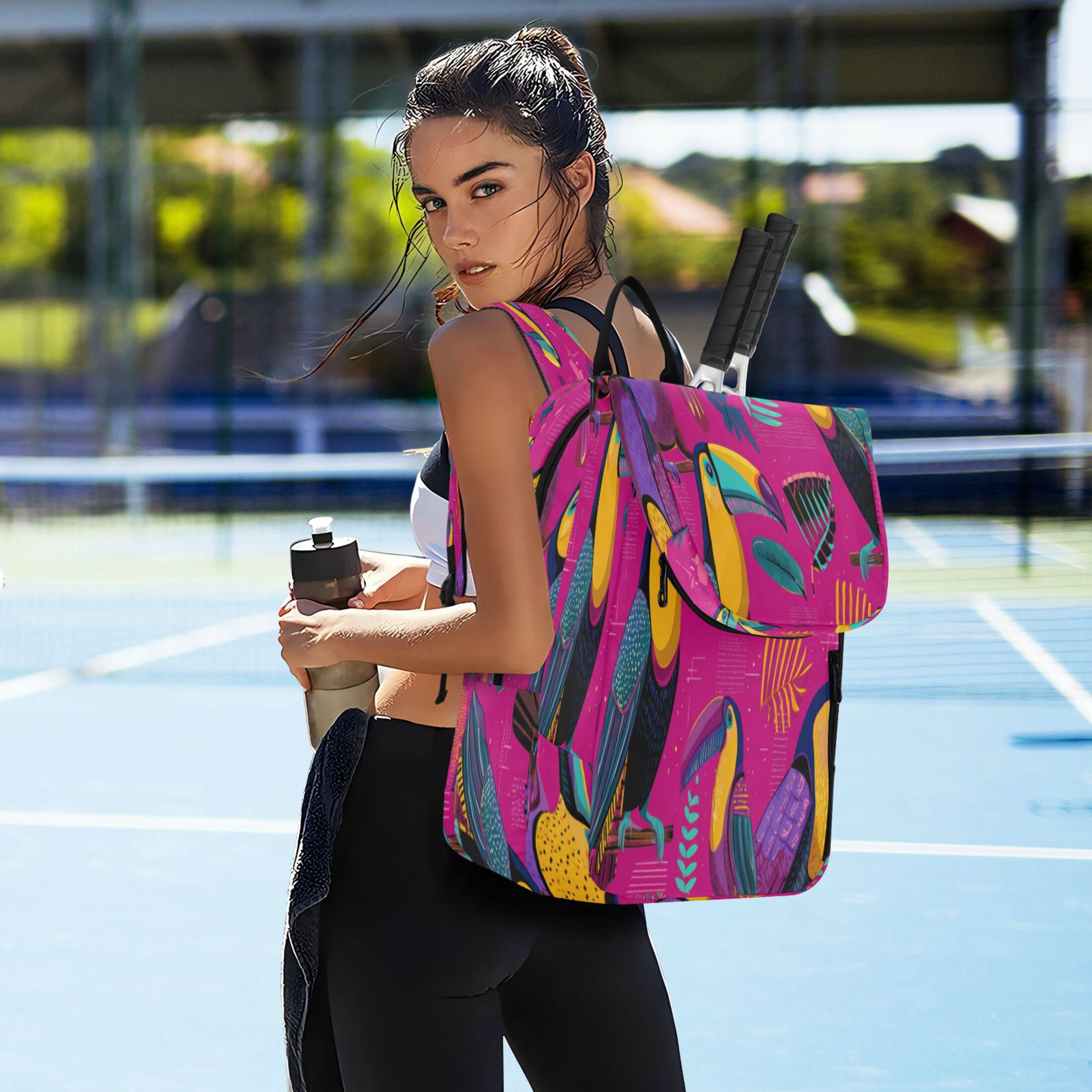 2 Racquet Holder Tennis Backpack Tennis Racket Covers Gym Bags Toucan in The Pink Jungle