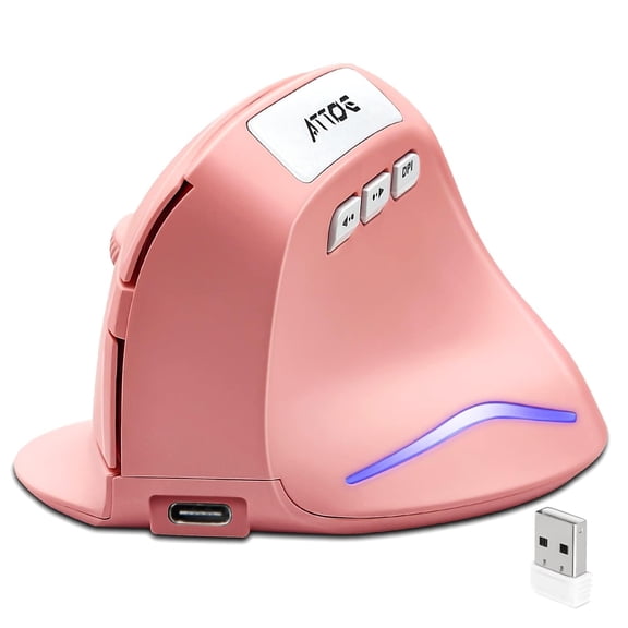 Vertical Wireless Mouse - Pink Ergonomic Optical Computer Mouse with Adjustable 1000/1600/2400 DPI, 5 Buttons for Laptop, Desktop, PC, MacBook