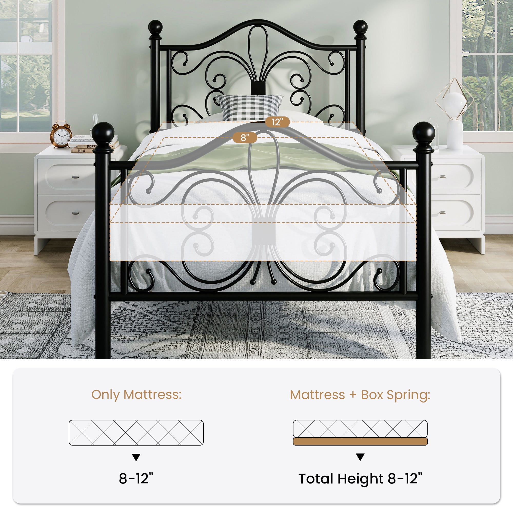 Sha Cerlin Twin Size Metal Platform Bed Frame with Victorian Vintage Butterfly Headboard&Footboard, Black