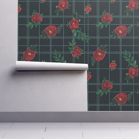 Wallpaper Roll Floral Rose Red Tartan Plaid Winter Holiday 24in x