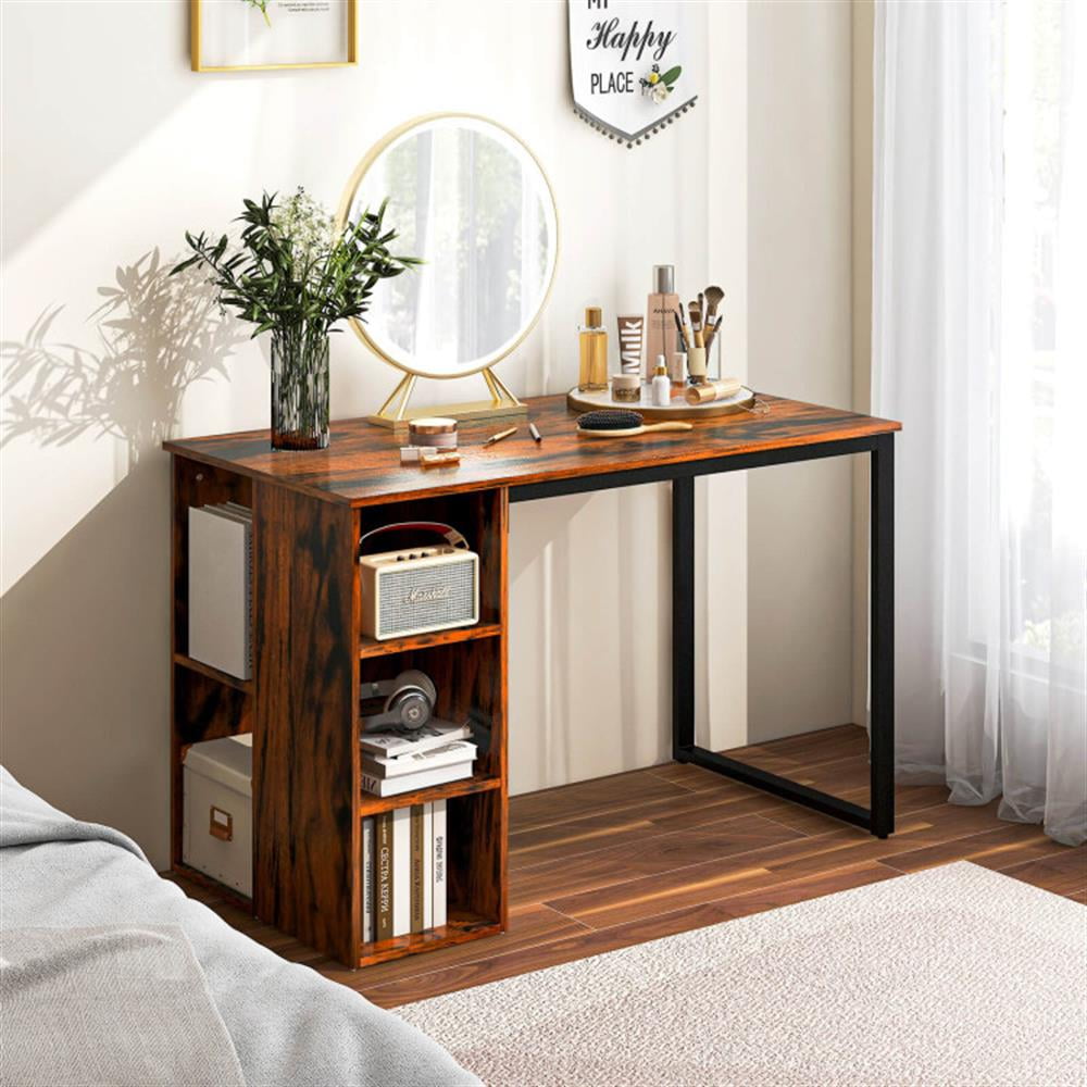 Demi Bonn Computer Desk with 5 Side Shelves and Metal Frame, Small Home Office Desk Study Writing Table, Brown