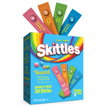 Skittles Zero Sugar Variety Pack Singles-to-Go Powdered Drink Mix, Tropical, 30 Count Packets