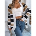 thumbnail image 2 of Womens Color Block Striped Sweaters Colorful Long Sleeve Open Front Knitted Cardigan Loose Outwear Coats Khaki M, 2 of 8