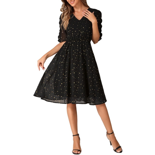 Vestido A-line de Chiffon con Estrellas Metálicas y Mangas Fruncidas para Mujeres INSPIRE CHIC Talla XS Negro